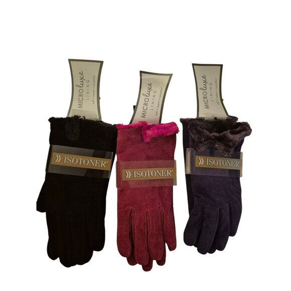 Isotoner Leather Suede Fleece Lined Gloves Black Red Purple NEW Sz XL - Picture 1 of 6